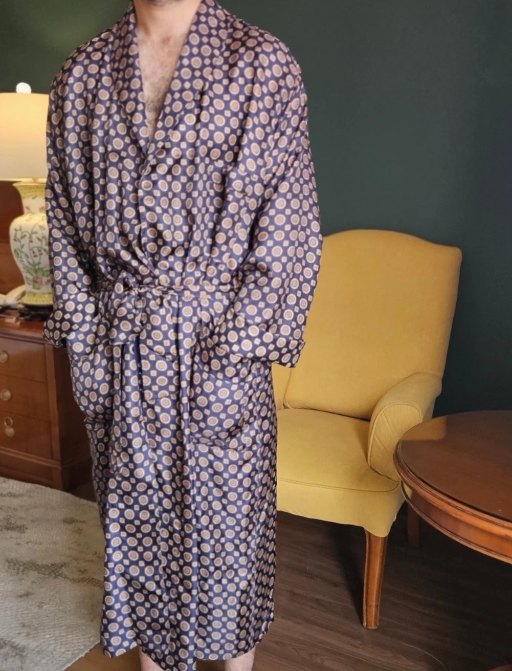 Vintage Parah Silk menswear - Parah Men's Silk Robe Size 4 M/L Medallion Print Navy image 1