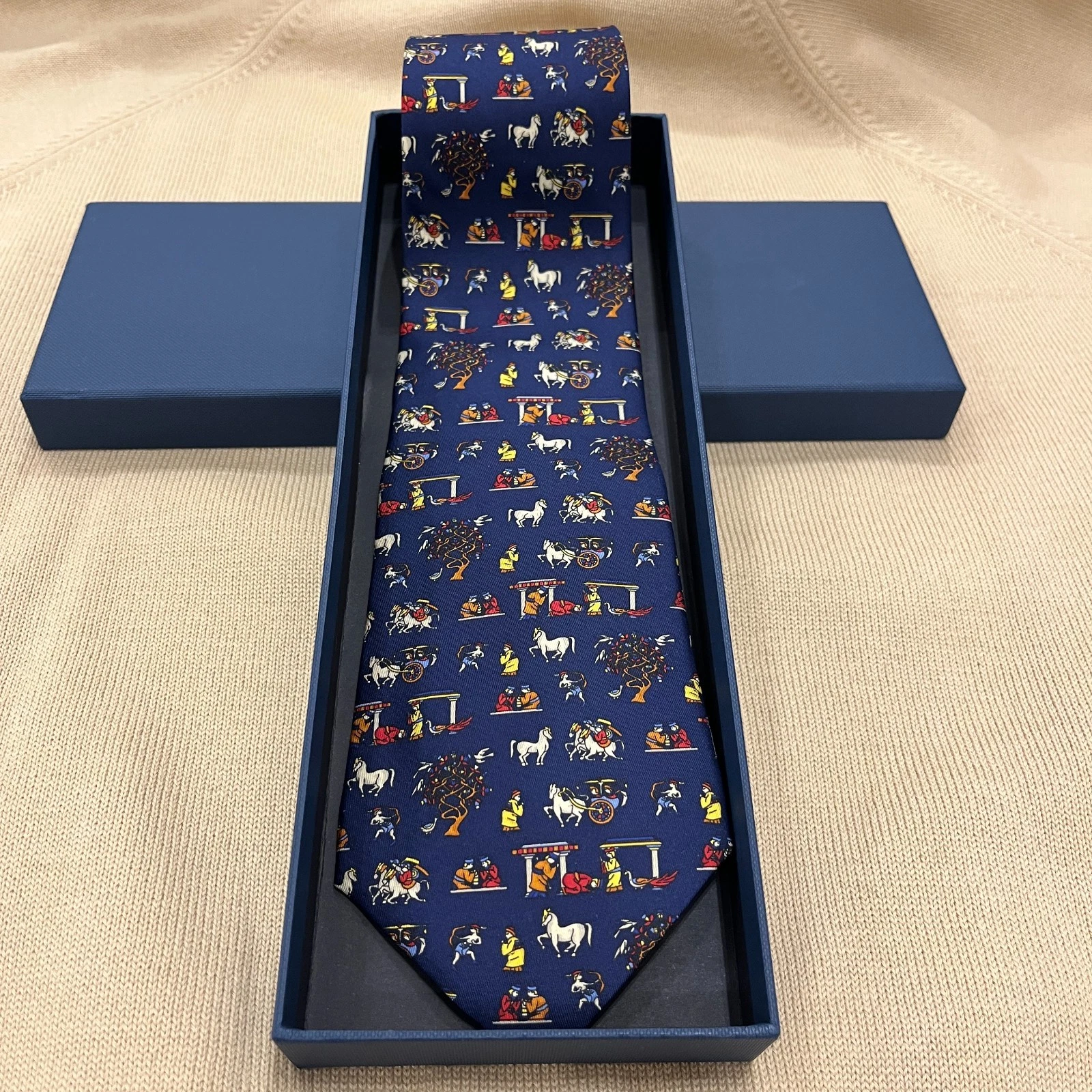 Vintage Salvatore Ferragamo Silk tie - Salvatore Ferragamo Silk Tie Blue Equestrian Horses Chinoiserie Scenic Print image 1