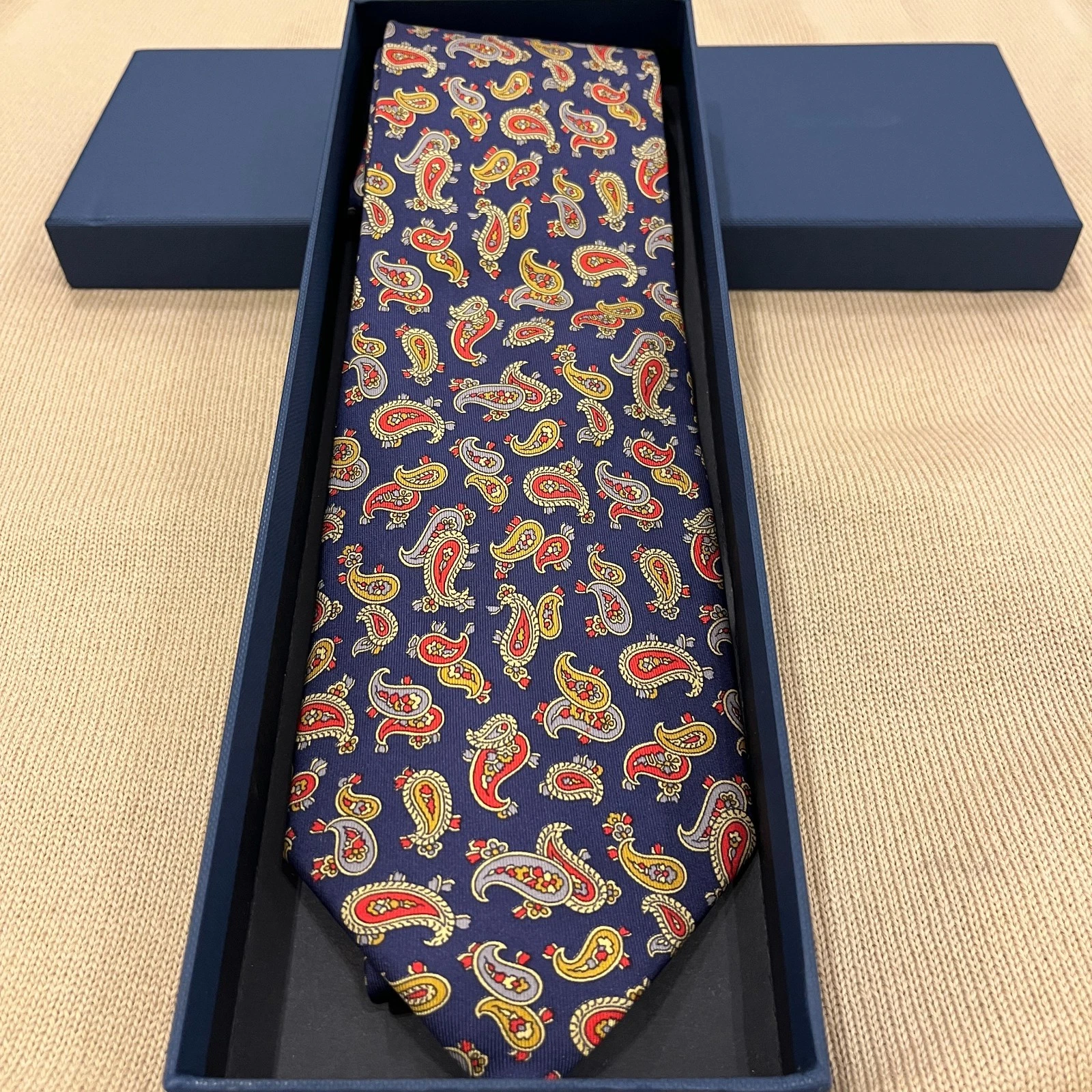 Vintage Christian Dior Silk tie - Christian Dior Silk Tie Navy Base Red Yellow Paisley image 3