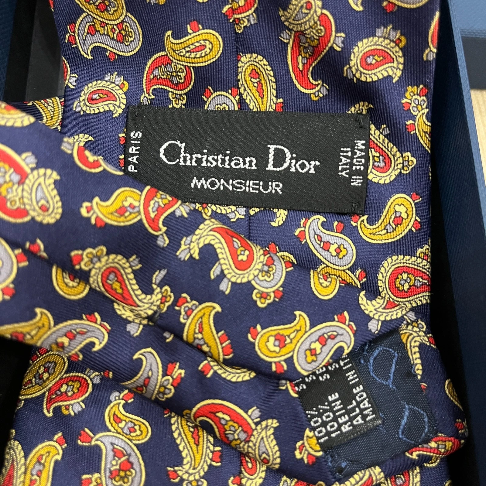 Vintage Christian Dior Silk tie - Christian Dior Silk Tie Navy Base Red Yellow Paisley image 2