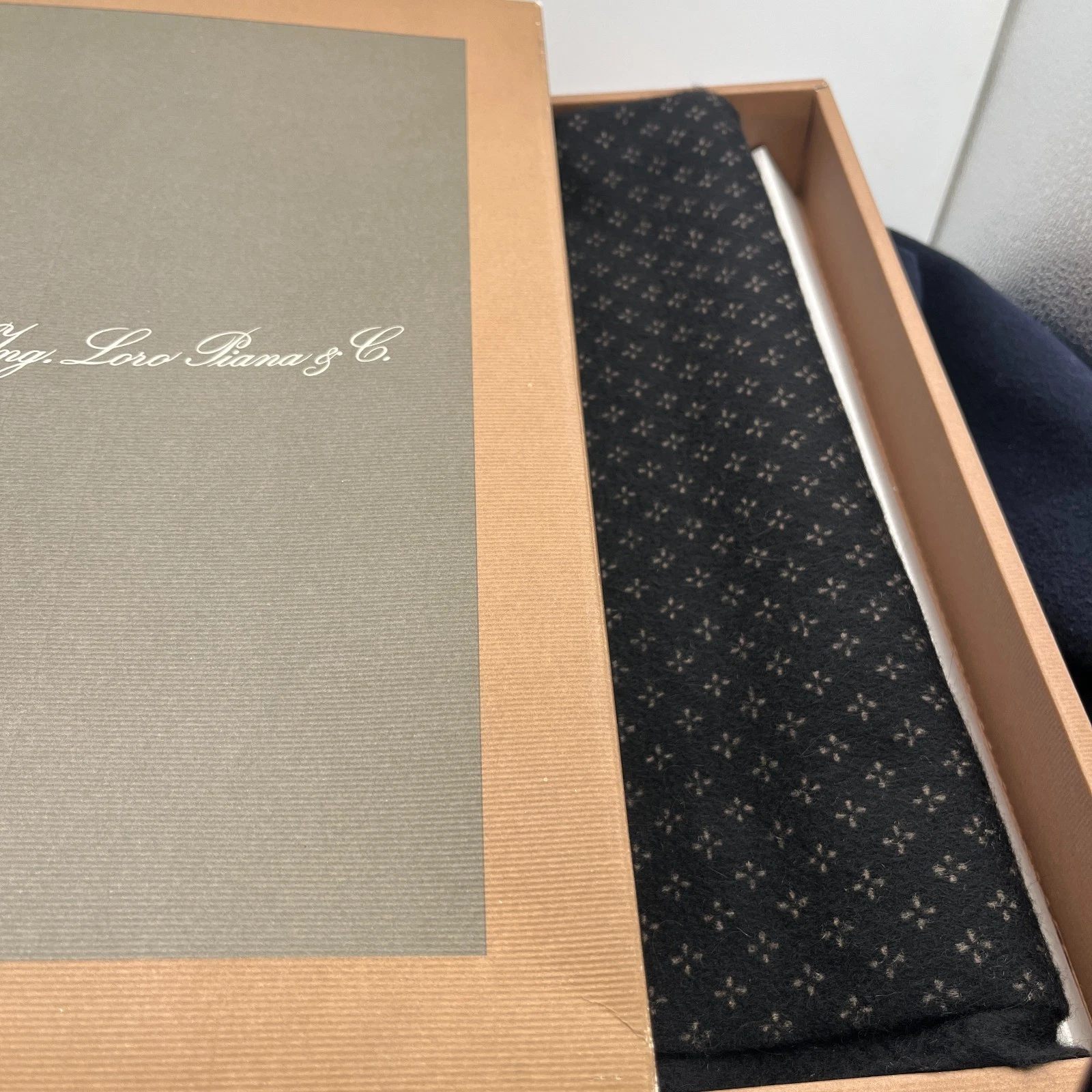 Vintage Loro Piana Cashmere scarf - Loro Piana 100% Cashmere Black Scarf Small Beige Floral Pattern image 4