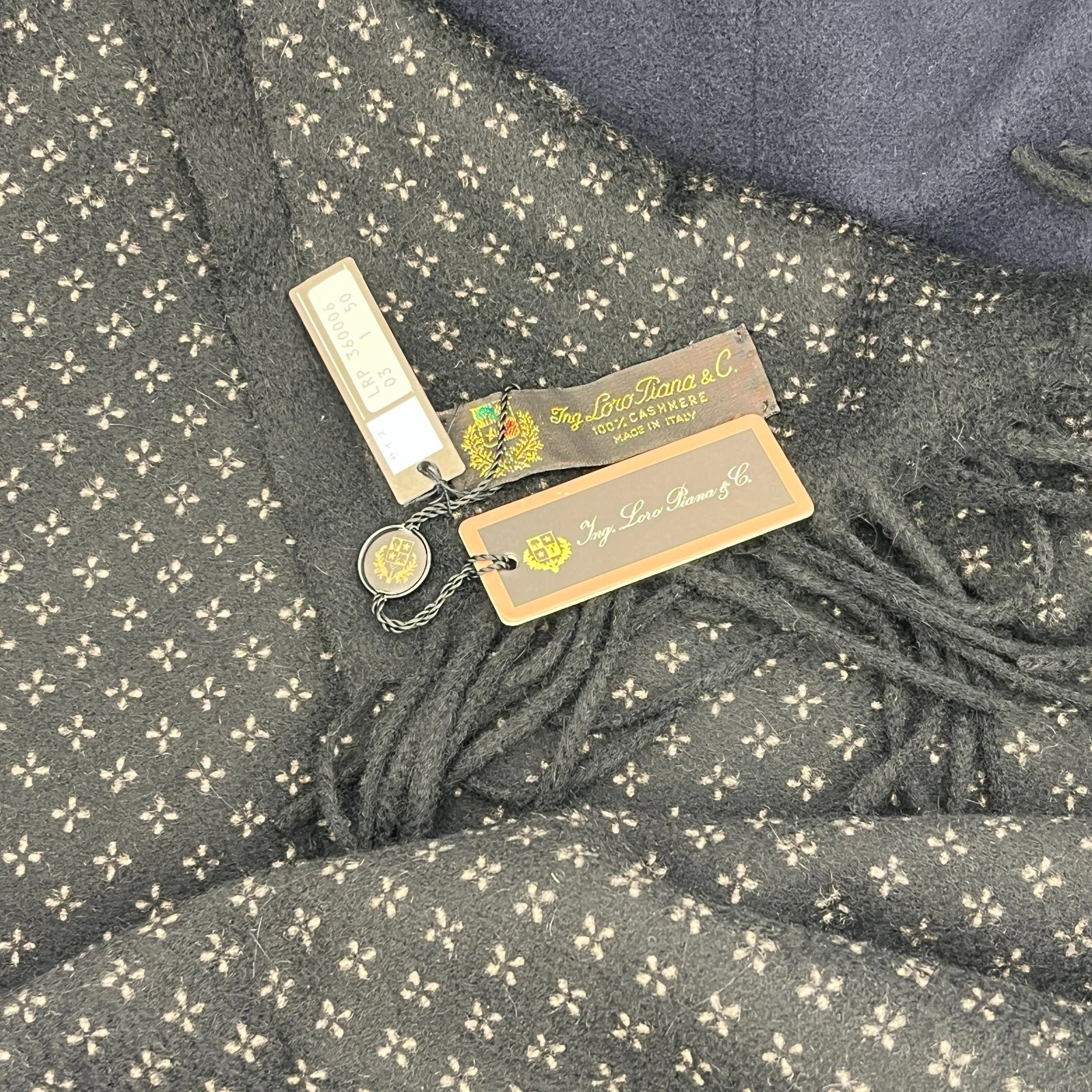 Vintage Loro Piana Cashmere scarf - Loro Piana 100% Cashmere Black Scarf Small Beige Floral Pattern image 2