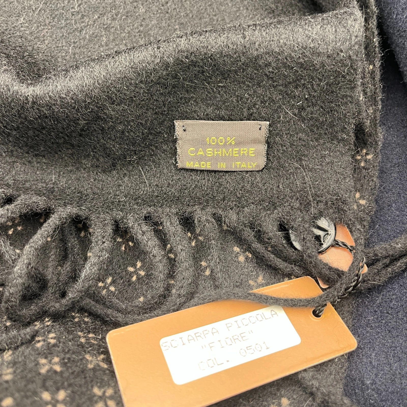 Vintage Loro Piana Cashmere scarf - Loro Piana 100% Cashmere Black Scarf Small Beige Floral Pattern image 3