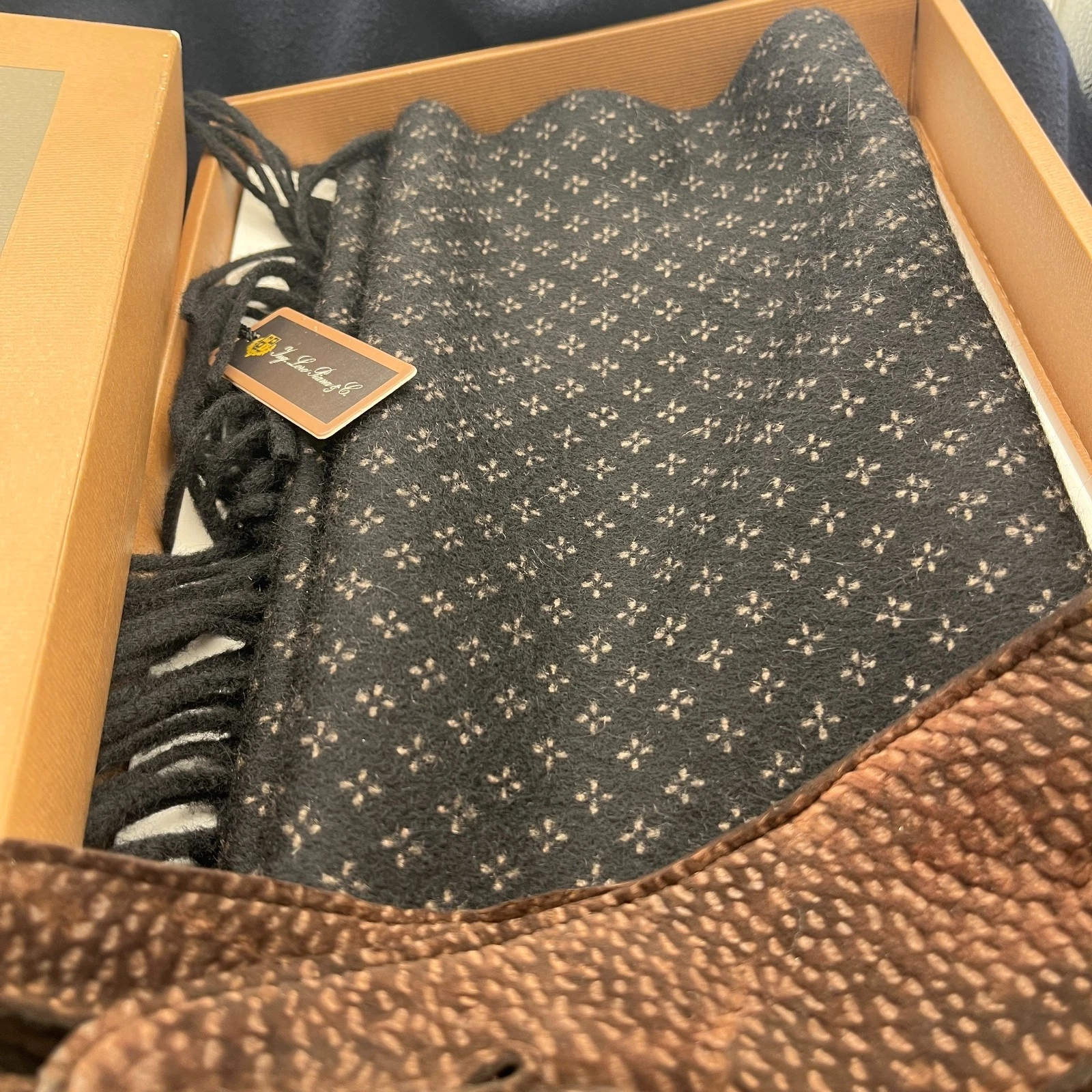 Vintage Loro Piana Cashmere scarf - Loro Piana 100% Cashmere Black Scarf Small Beige Floral Pattern image 6