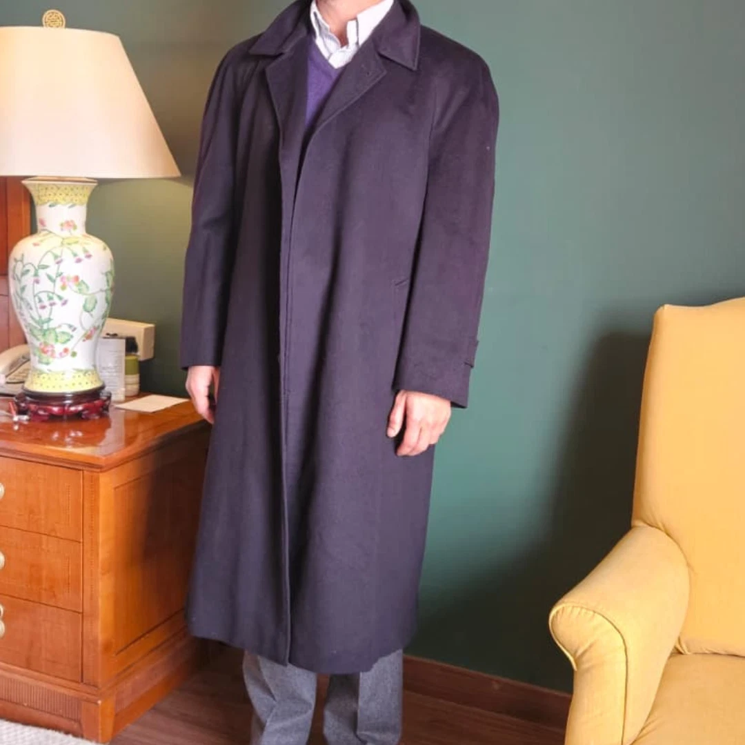 Vintage Made in Italy - Abla L'Uomo, Cagliari Cashmere jacket - 1993 Cashmere Dark Navy Overcoat with Raglan Sleeves and Belt FULL LENGTH image 5