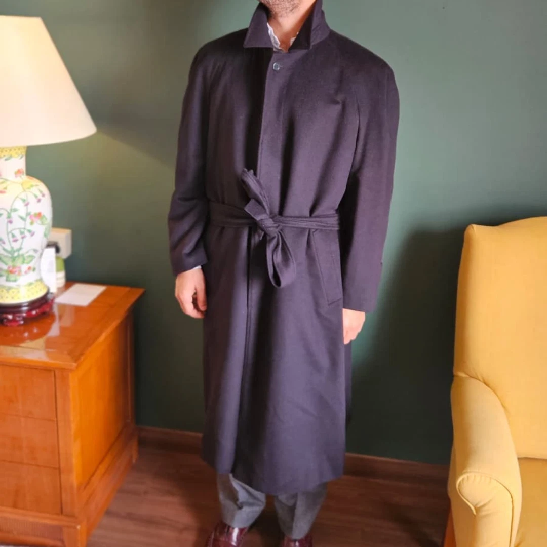 Vintage Made in Italy - Abla L'Uomo, Cagliari Cashmere jacket - 1993 Cashmere Dark Navy Overcoat with Raglan Sleeves and Belt FULL LENGTH image 1